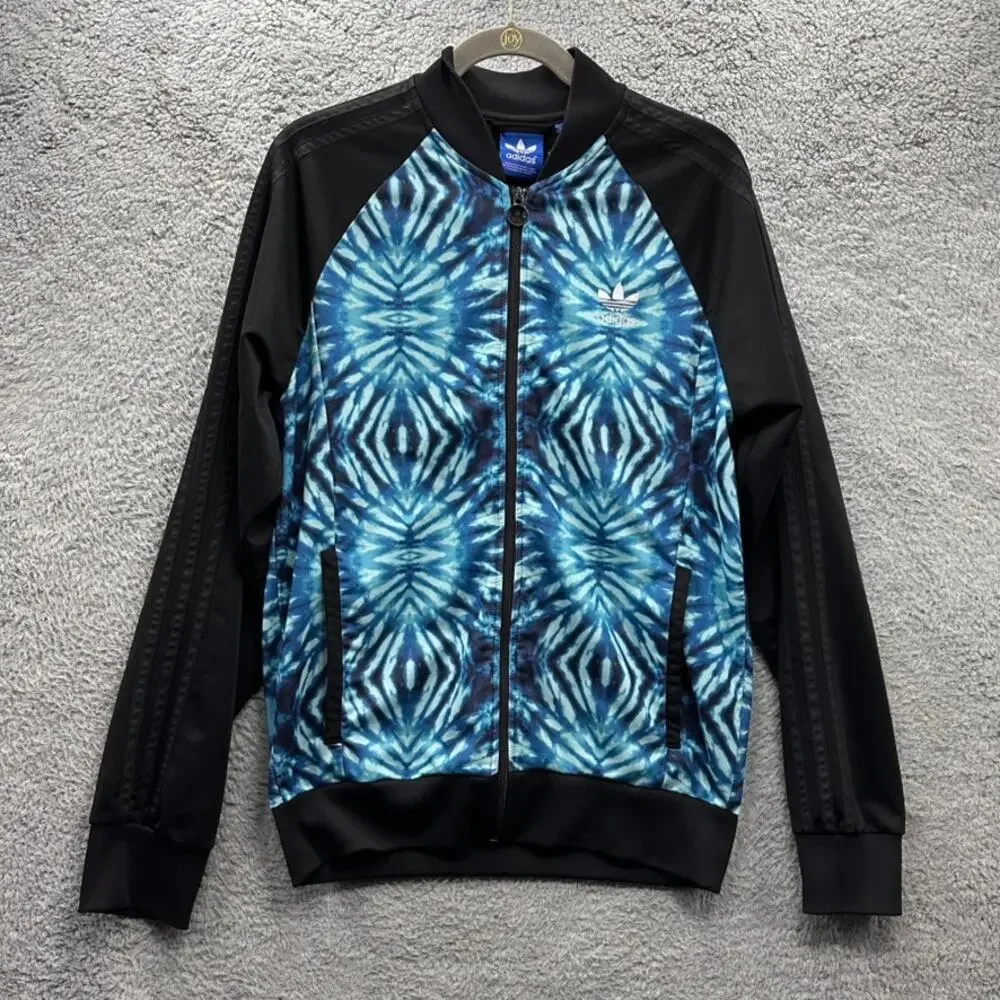 Adidas Men's Medium Blue Black Tie Die Full Zip Track Jacket Workout Activewear‎